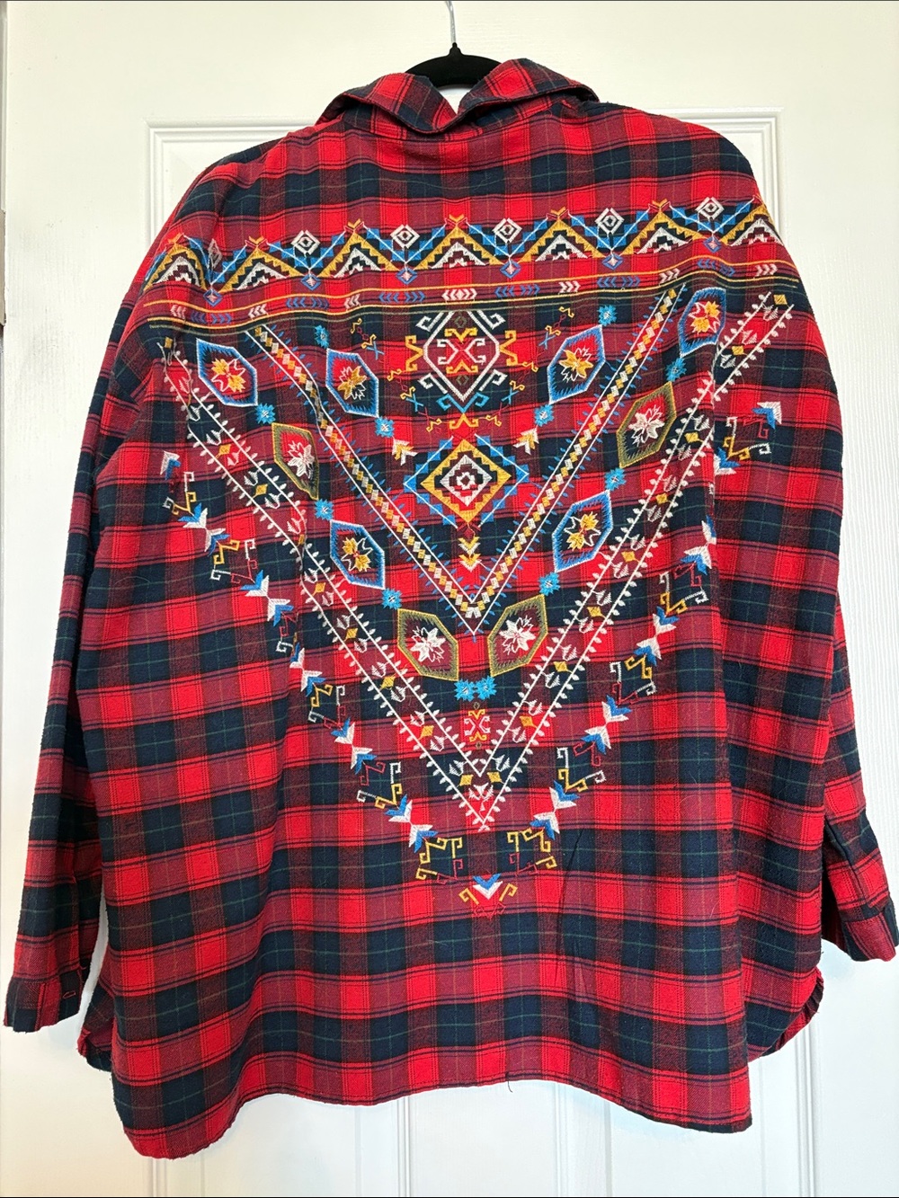 Umgee Red and Black Plaid Button-Down Shirt Jacket with Embroidered Detail